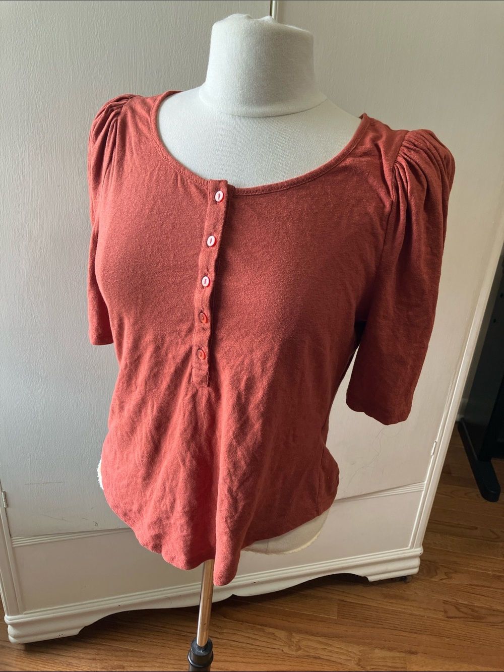Anthropologie Rust Short-Sleeve Henley with Gathered Shoulders